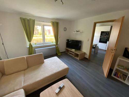 ein Wohnzimmer mit einem Sofa und einem TV in der Unterkunft Ferienwohnung zum Pinguin 3 in Wiednitz