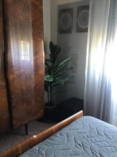 a bedroom with a bed and a potted plant at Casa Perla in Lavagna