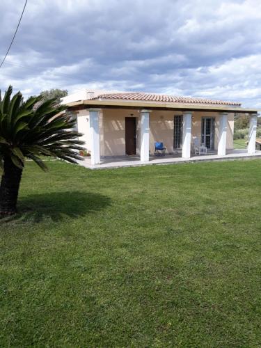 a small white house with a palm tree in front of it at La Tanca in Siniscola