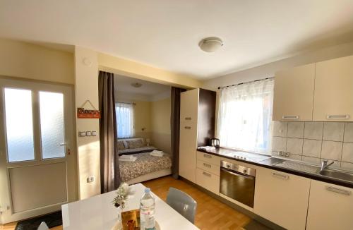 uma cozinha e sala de estar com uma cama ao fundo em Apartman Lucija em Gradići
