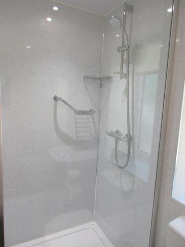 W łazience znajduje się prysznic ze szklanymi drzwiami. w obiekcie Matilda's wee Hutte w mieście Daventry