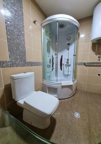 a bathroom with a toilet and a shower at Apartman Esperanza in Vrnjačka Banja