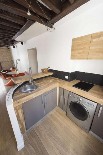 une cuisine avec un évier et une machine à laver dans l'établissement Lucius, à Paris