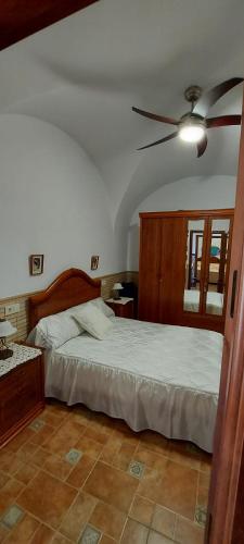 - une chambre avec un lit et un ventilateur de plafond dans l'établissement Casa Los Tiznaos, à Torrecampo