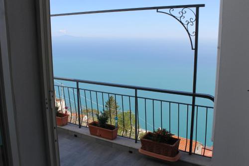 a balcony with three potted plants and a view of the ocean at Vent In Costa Ospitalità Diffusa in Furore