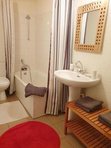 une salle de bain avec un lavabo, des toilettes et une baignoire dans l'établissement Charmant Studio Duplex 26m2 à la montagne, à Praz-sur-Arly