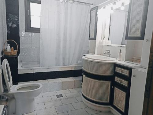 a bathroom with a toilet and a sink and a shower at Sunny Loft in Kavála