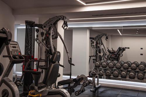 a gym with several tread machines and weights at Radisson Collection Morina Hotel, Tirana in Tirana