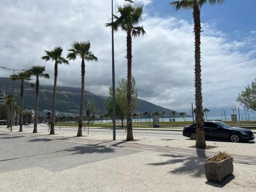 un'auto che percorre una strada con palme di Ar Apartment a Vlorë