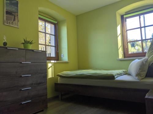 a bedroom with a bed and a dresser and two windows at Ferienwohnung Aus-Zeit auf dem Lande in Bad Gottleuba