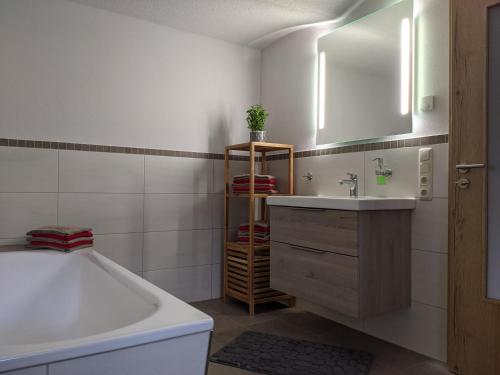 a bathroom with a sink and a tub and a mirror at Ferienwohnung Aus-Zeit auf dem Lande in Bad Gottleuba