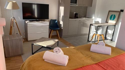 uma sala de estar com uma cama com duas almofadas em The 105 - Stunning new studios by the lake, close to city center of Lausanne em Paudex