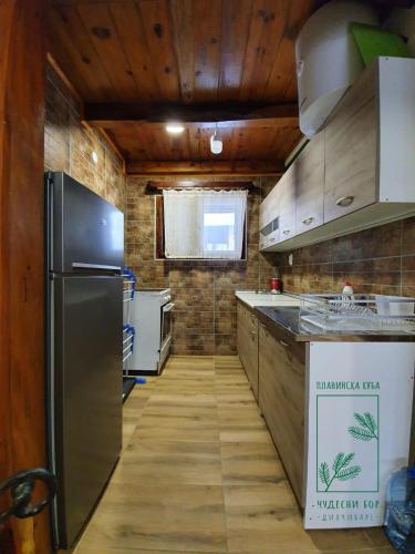 a kitchen with a stainless steel refrigerator and wooden ceilings at Planinska kuća Čudesni bor in Divčibare