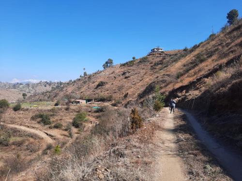 a person walking down a dirt road on a hill at Himkosi Farm by the River in Almora