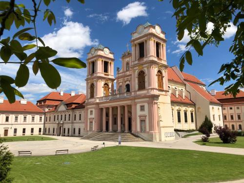a large building with two towers on top of it at Gästehaus Benediktinerstift Göttweig - Bed & Breakfast Monastery in Furth