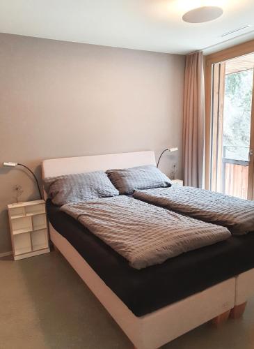 a bed in a bedroom with a window at Ferienwohnung Stenna SELVA an Toplage in Flims