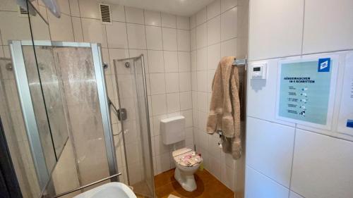 bagno con doccia e servizi igienici. di Ferienwohnung Adlerhorst Ruhpolding a Ruhpolding