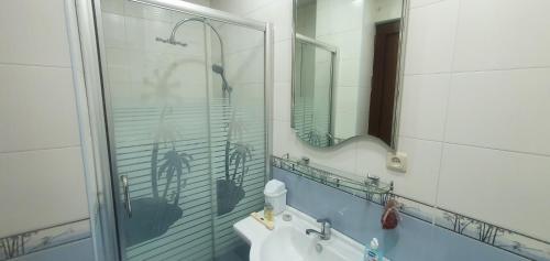 a bathroom with a glass shower and a sink at Guest house YEREVAN in Yerevan