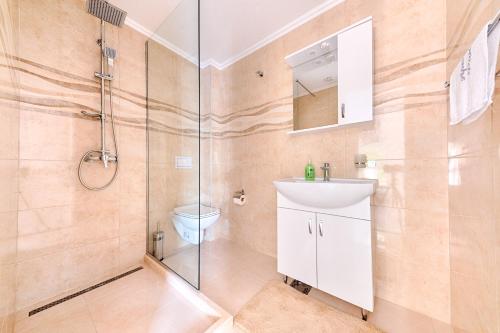 a bathroom with a shower and a sink and a toilet at Apartmani Panorama in Bar