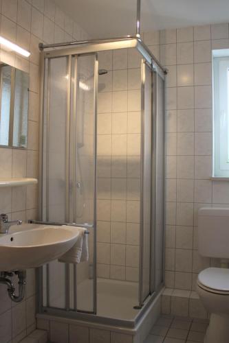 a bathroom with a shower and a sink and a toilet at Wittes Wohnung in Am Schwarzen Busch