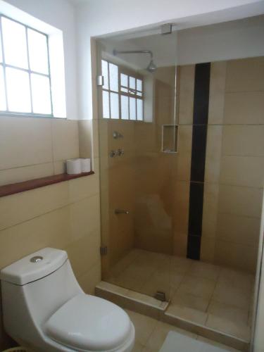 a bathroom with a shower and a toilet at Mara River Lodge in Aitong