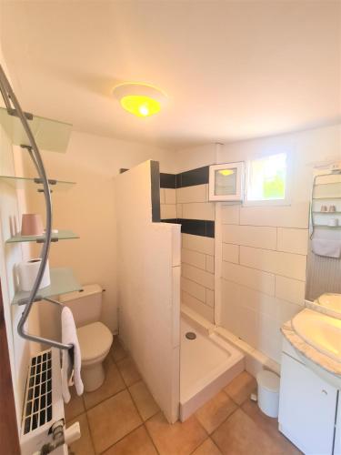 une petite salle de bain avec toilettes et lavabo dans l'établissement Les Buisses en Provence, à Piolenc