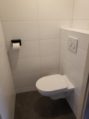 baño con aseo blanco y dispensador de papel higiénico en Appartement Duinroos Boodtlaan 1K De Koog-Texel, en De Koog