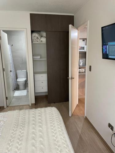 uma casa de banho com WC e uma televisão em Apart Hotel R&P Depto A em Puerto Varas
