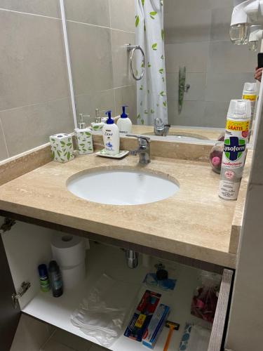 a bathroom counter with a sink and a mirror at Apart Hotel R&P Depto B in Puerto Varas