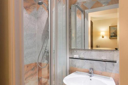 a bathroom with a shower, sink, and mirror at Familia Hotel in Paris