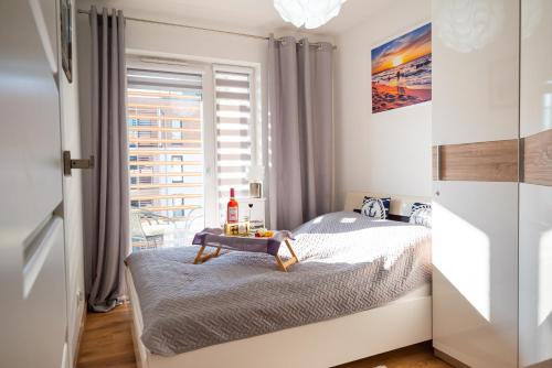 a small bedroom with a bed and a window at apartament ALINA in Kołobrzeg