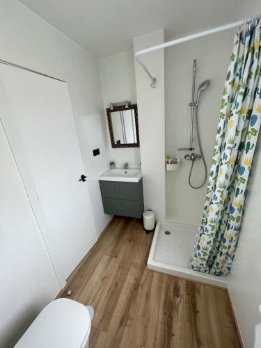 a bathroom with a toilet and a shower curtain at Playa y ciudad. in Ribeira