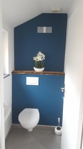 a bathroom with a white toilet and a blue wall at Appartement moderne et spacieux in Sedan