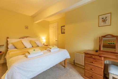 a bedroom with a bed and a dresser and a mirror at Sylvie's Country Cottage North Devon in Bucks Mills