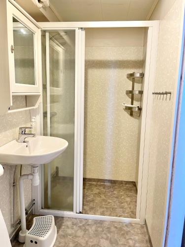 a bathroom with a shower and a sink at Holiday home Småland Gäddegölshult in Gäddegölshult