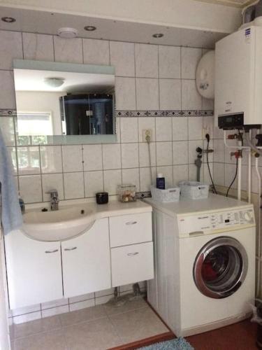 a bathroom with a sink and a washing machine at Tanja's Guesthouse Kootstertille in Kootstertille