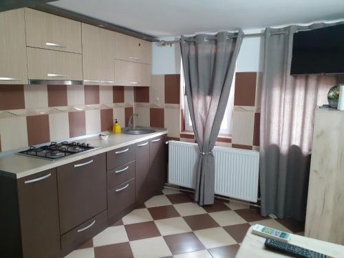 a small kitchen with a sink and a stove at Vila Amy in Năvodari