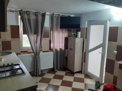 a kitchen with a stove and a refrigerator and a window at Vila Amy in Năvodari
