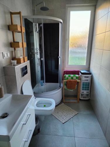a bathroom with a toilet and a shower and a sink at Giżycko in Giżycko