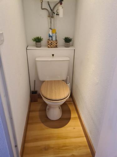 uma pequena casa de banho com WC e assento em madeira em grand studio 28 m2 tout confort au pieds des pistes em La Foux