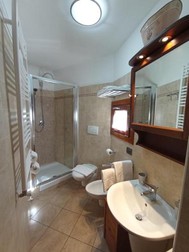 a bathroom with a sink and a toilet and a shower at al Vicolo Torlonia in Tivoli