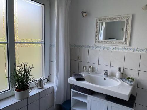 ein weißes Badezimmer mit einem Waschbecken und einem Spiegel in der Unterkunft Ars Vivendi in Strasen