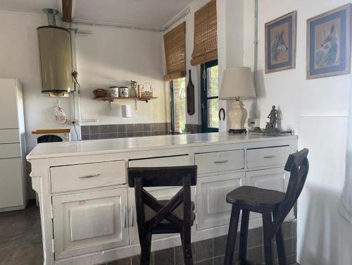 a kitchen with a white counter and two chairs at Casa de campo San Agustín in Tandil