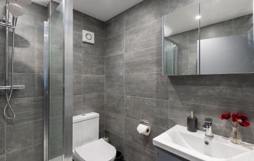 a bathroom with a toilet and a sink and a mirror at Spacious and Modern 4 Bed Apartment next to Borough Station in London