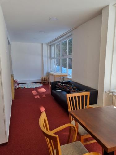 a living room with a couch and a table at Wellness hotel Harrachovka in Harrachov