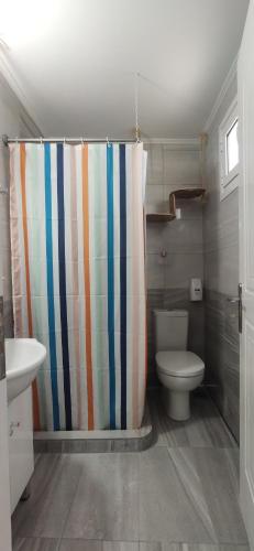 a bathroom with a toilet and a shower curtain at Kostas Apartments in Kourouta