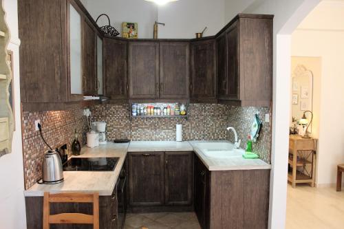 una cocina con armarios de madera y fregadero en Vintage Home, en Volos