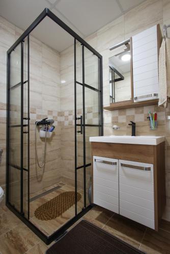 a bathroom with a shower and a sink at Vila Vrnjački Raj in Vrnjačka Banja