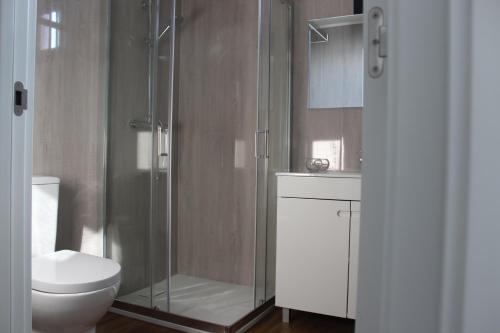 a bathroom with a glass shower and a toilet at Casa do Iteiro in Caniçada