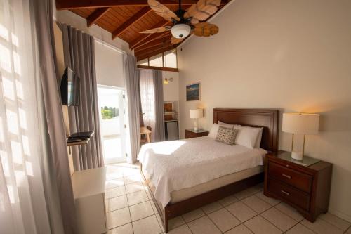 Lazy Parrot Inn & Mini Resort في رينكون: غرفة نوم بسرير ومروحة سقف